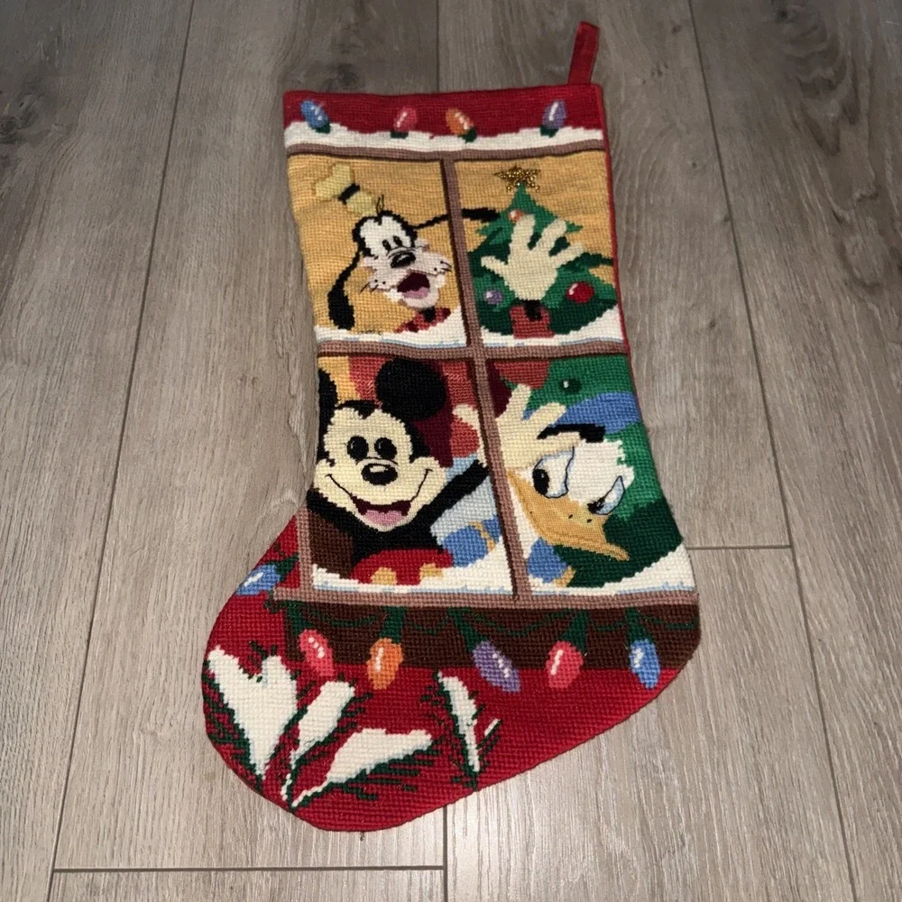 Disney Needlepoint Christmas Stocking Mickey Donald Duck Goofy Hand Made